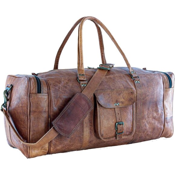 🆕 Men Brown Leather Bag Square Duffel Travel Gym Sports Overnight Weekend Style - Picture 3 of 9